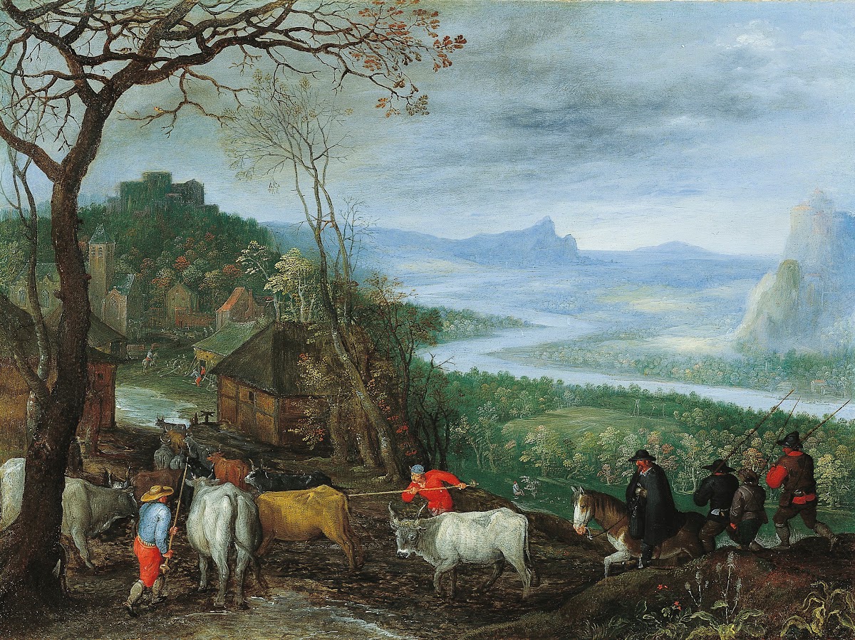 A landscape with herdsmen driving cattle to a village