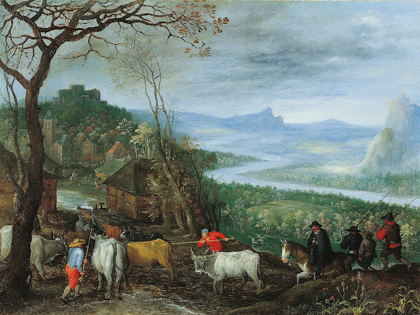 A landscape with herdsmen driving cattle to a village