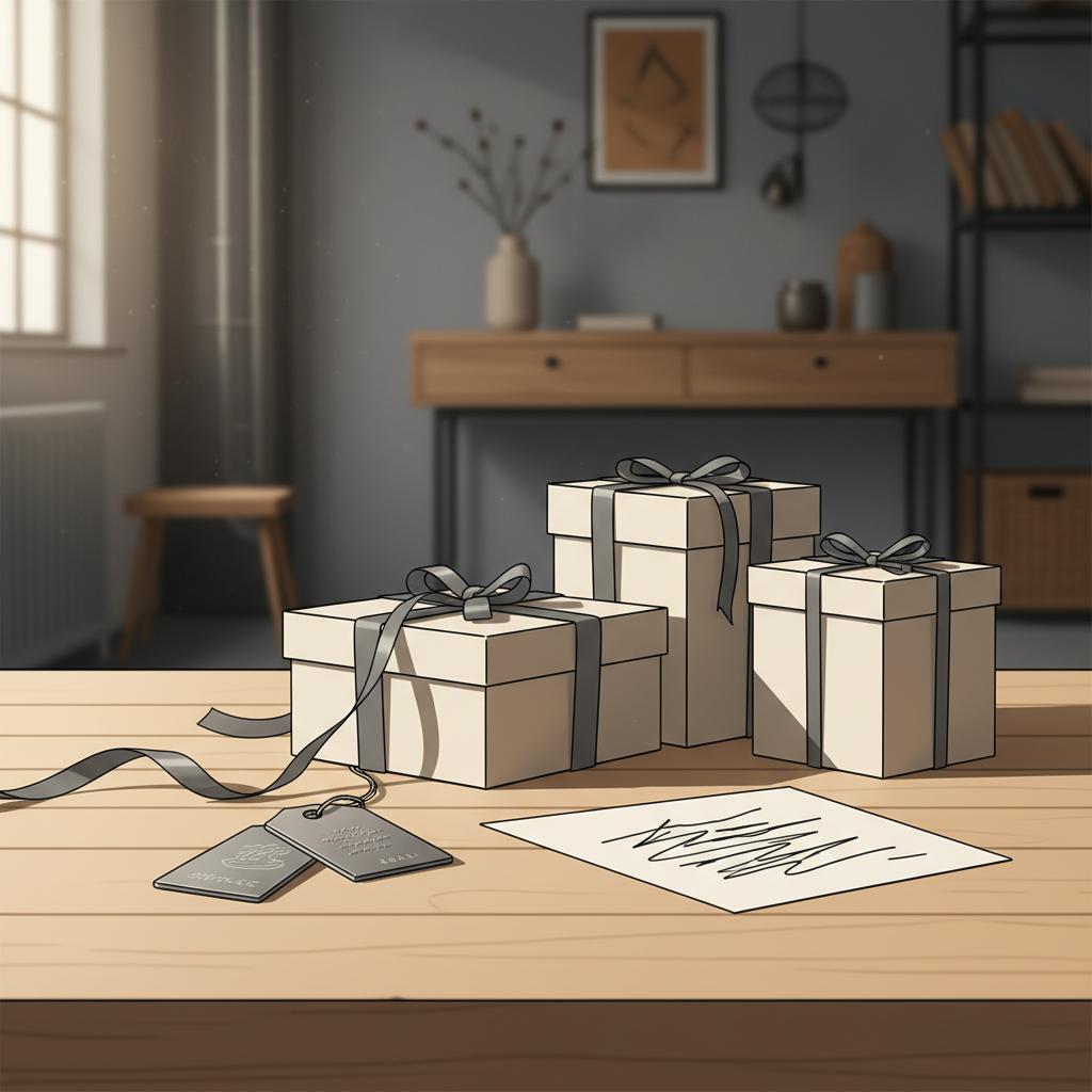 Nahaufnahme auf Holztisch mit Geschenkboxen, Metall-Anhängern und einer handgeschriebenen Karte in warmer, minimalistischer Vektorästhetik – was wünschen sich 14‑Jährige zum Geburtstag