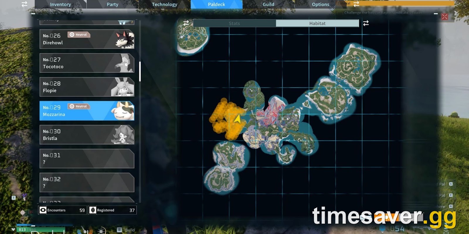 Palworld Paldeck habitat screen highlighting Mozzarina, the milk-producing Pal, with its spawn zone marked on the map