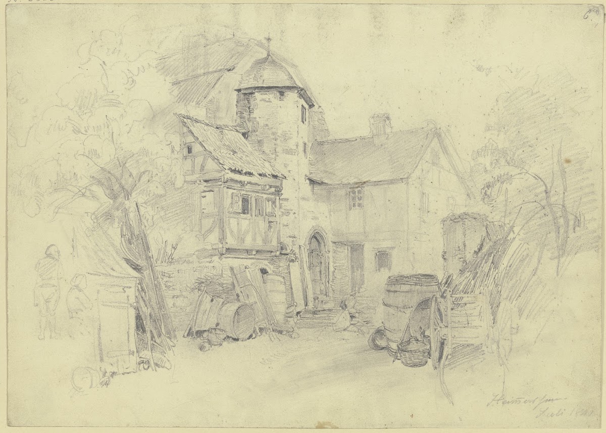 Bauernhof rechts ein Wagen Fässer und ein Korb 1843