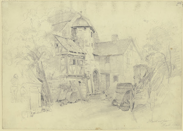 Bauernhof rechts ein Wagen Fässer und ein Korb 1843