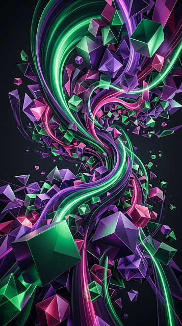 Dynamic Abstract 3D Geometric Forms and Swirling Waves - Free mobile Wallpaper