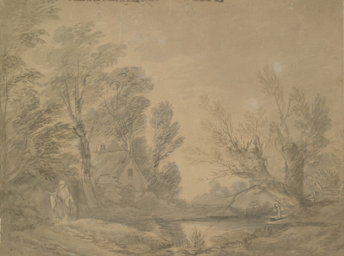 Woody landscape with horseman near a pond by a cottage 1760s