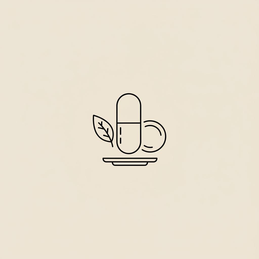 Tonum-style minimalist line illustration of a capsule, leaf and plate symbolizing appetite control and healthy choices – best appetite suppressant for fat loss