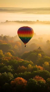 Rainbow Hot Air Balloon Flying Over Misty Autumn Forest Sunrise