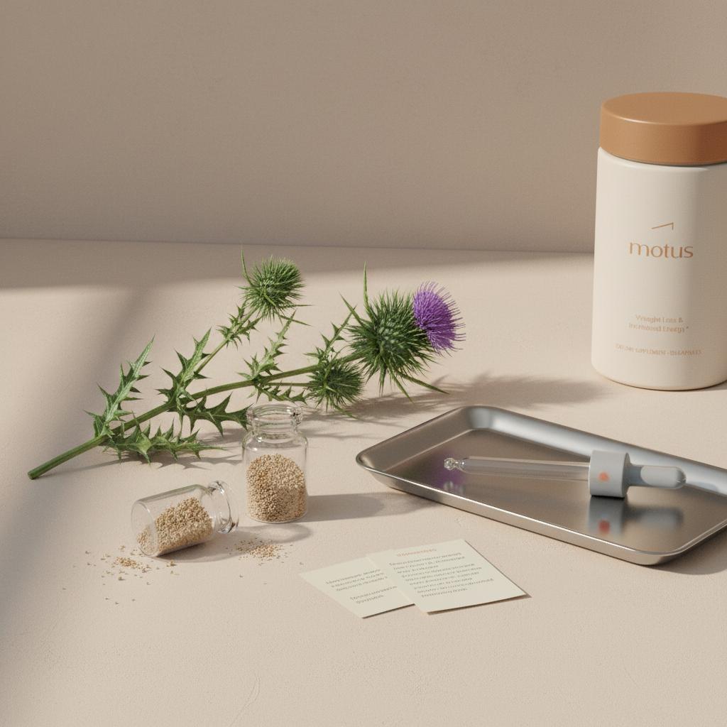 Laboratory still-life of milk thistle sprig and dried silymarin extract in a glass vial with a Tonum Motus container blurred in the background — milk thistle and estrogen