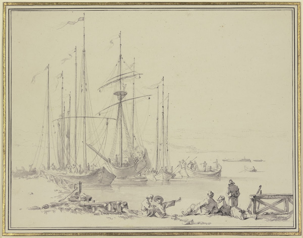 Anlandende Schiffe am Ufer lagernde Männer ca 1759 1769