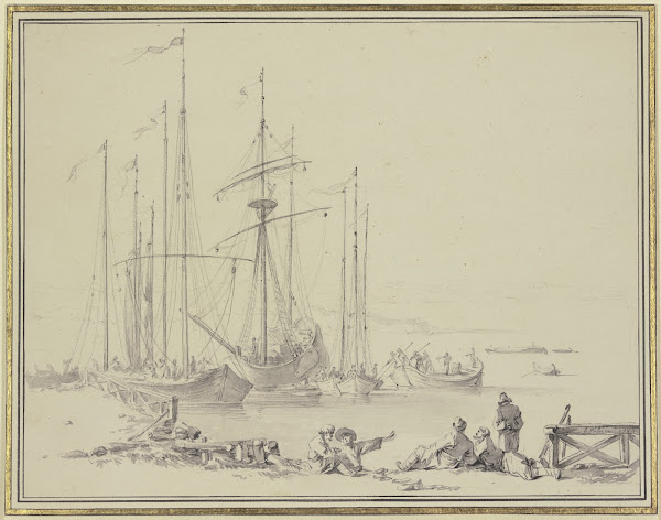 Anlandende Schiffe am Ufer lagernde Männer ca 1759 1769