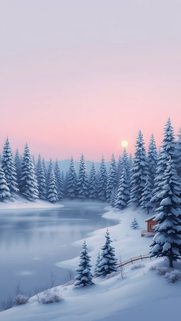 Winter Dawn over Snow Covered Pine Forest and Lake