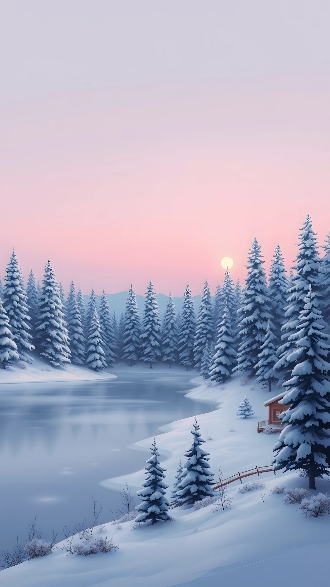 Winter Dawn over Snow Covered Pine Forest and Lake - Free 4K mobile Wallpaper