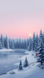 Winter Dawn over Snow Covered Pine Forest and Lake