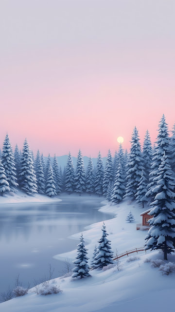 Winter Dawn over Snow Covered Pine Forest and Lake - Free mobile Wallpaper