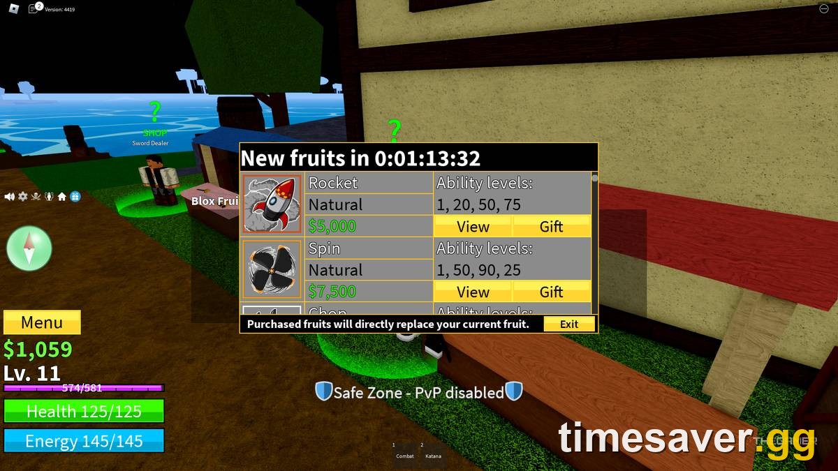 Blox Fruit Dealer shop screen showing physical fruits and their Beli prices in Blox Fruits