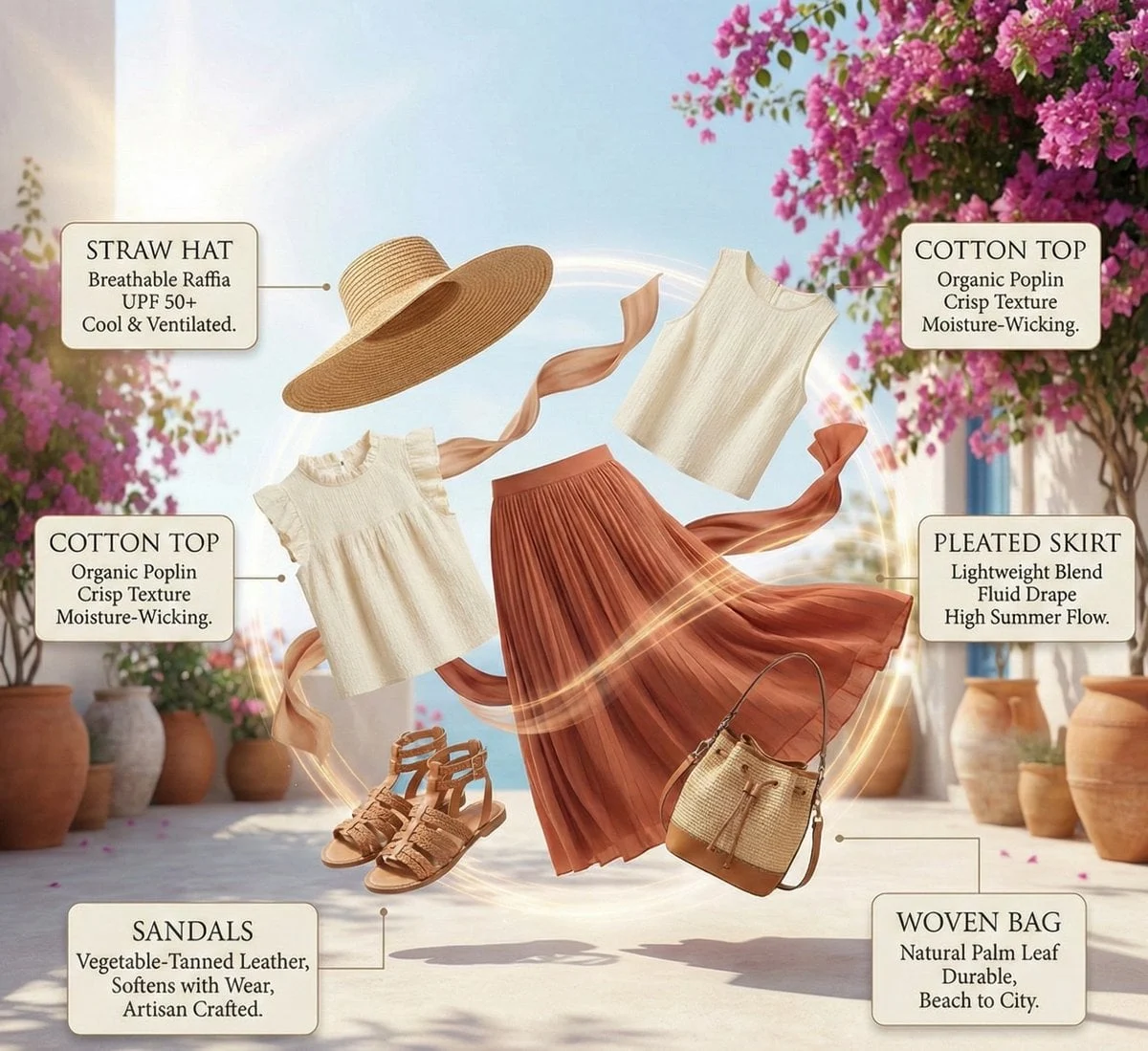 Infografía de un conjunto de moda veraniega con elementos flotantes coordinados por color y dispuestos en una elegante composición explosiva...