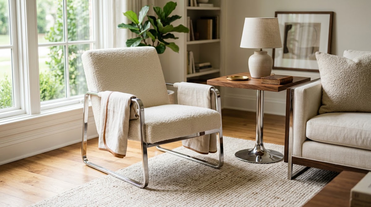 How to Fix the Most Common Chrome Decor Mistakes - chrome side table beside walnut furniture in a living room