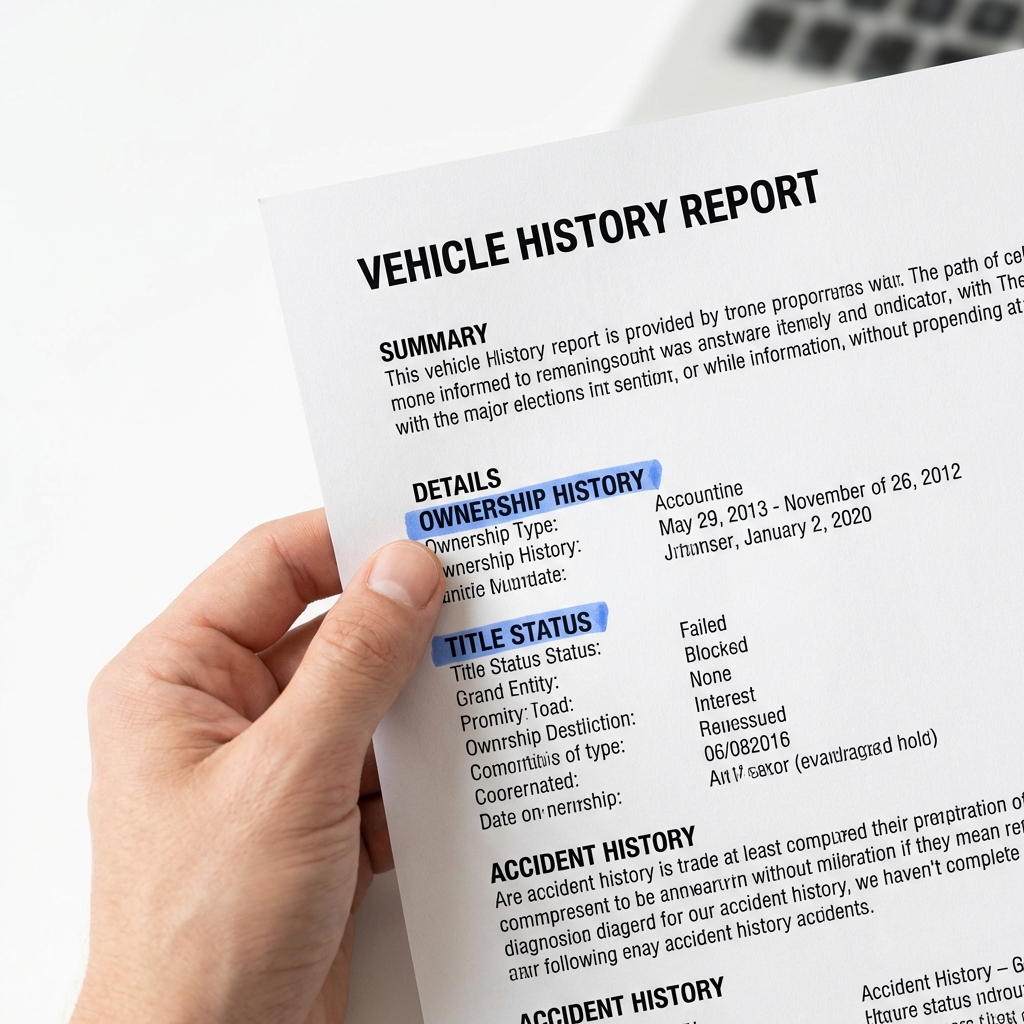 Close up of hand holding a printed vehicle history report with ownership history and title status highlighted in blue usedcars near me