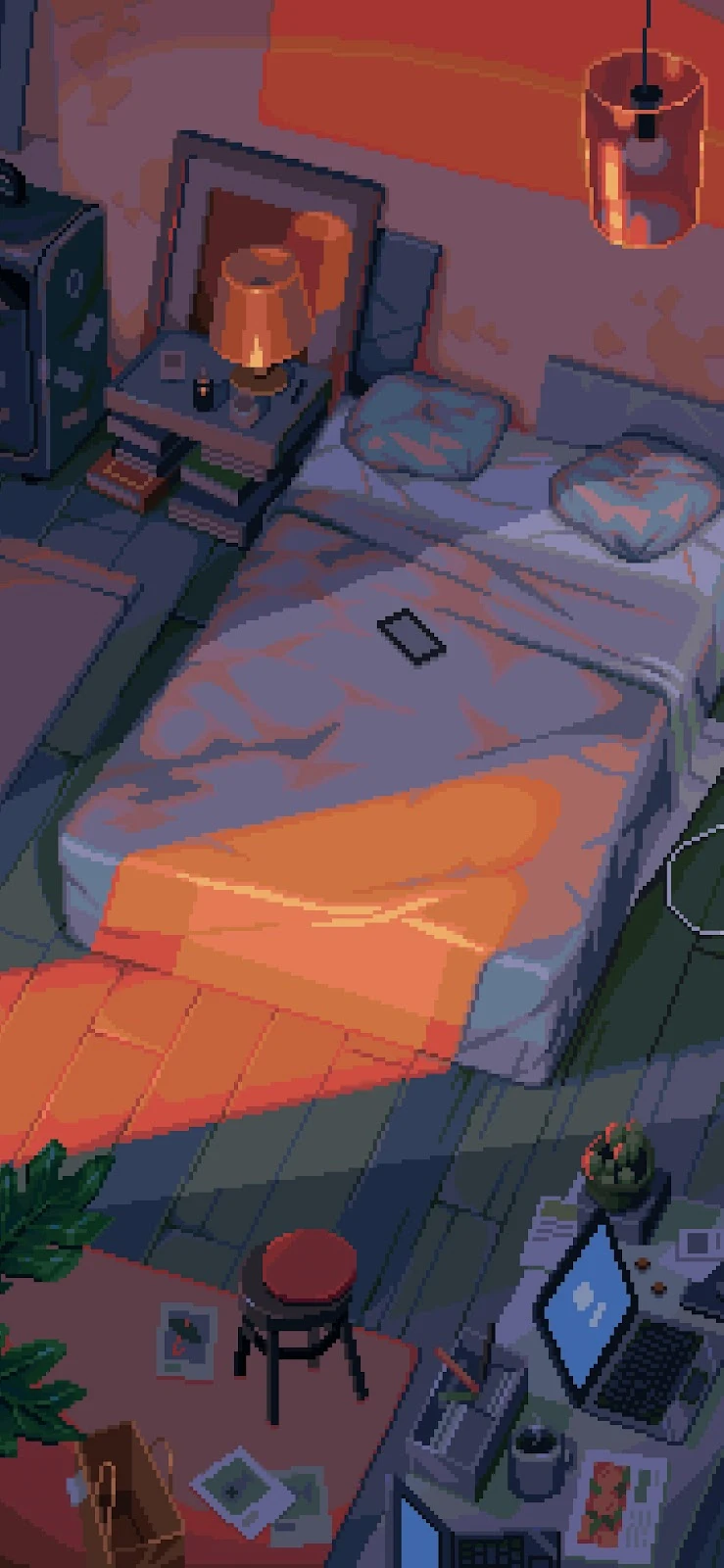 Cozy Isometric Bedroom At Sunset - Digital Pixel Art 4K iPhone Wallpaper (2658x5758)