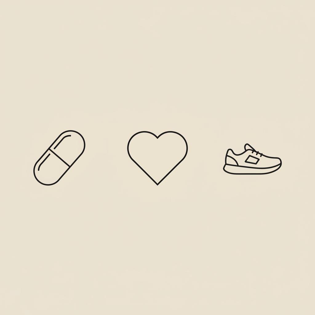Minimal vector illustration of a capsule, heart, and running shoe on a beige background representing taurine benefits for cardiovascular, cognitive, and exercise support.