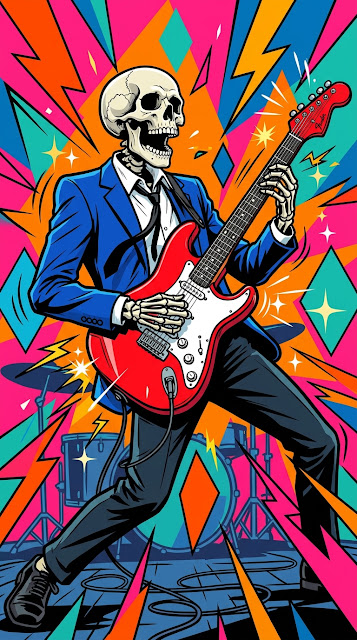 Pop Art Illustration of a Skeleton Playing an Electric Guitar - Free mobile Wallpaper