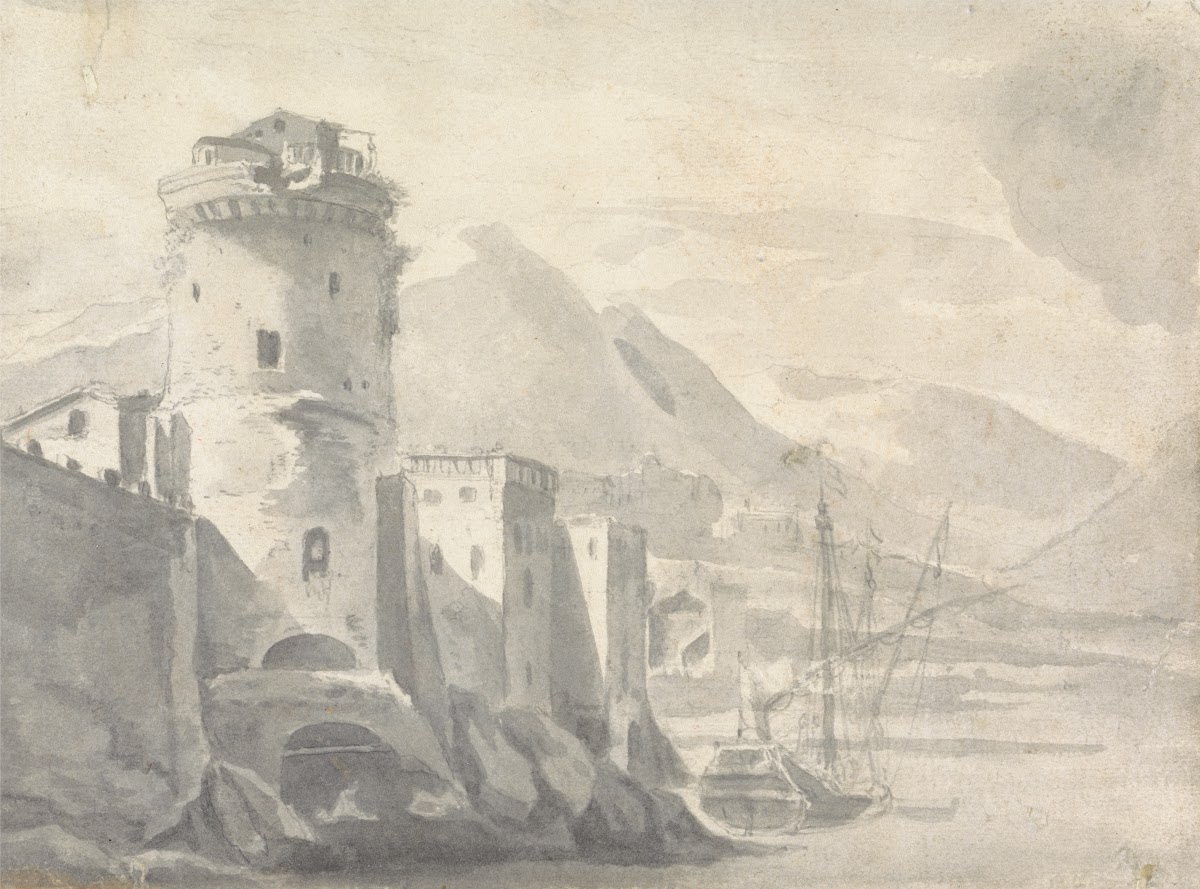 Fortified Buildings Rising Steeply From A River Bank With Boat Centre And Distan