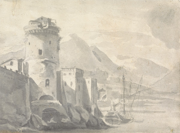 Fortified Buildings Rising Steeply From A River Bank With Boat Centre And Distan