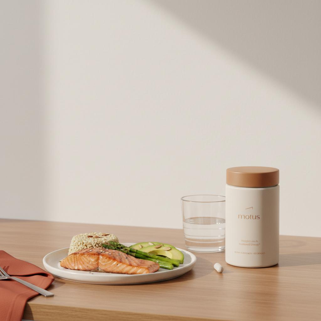 Minimalist kitchen countertop with balanced plate of lean protein, whole grains and vegetables beside a Tonum Motus bottle, highlighting lipid metabolism and healthy nutrition