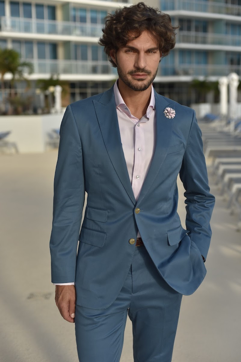 Man in a custom steel blue suit by Bespoke By CB Miami