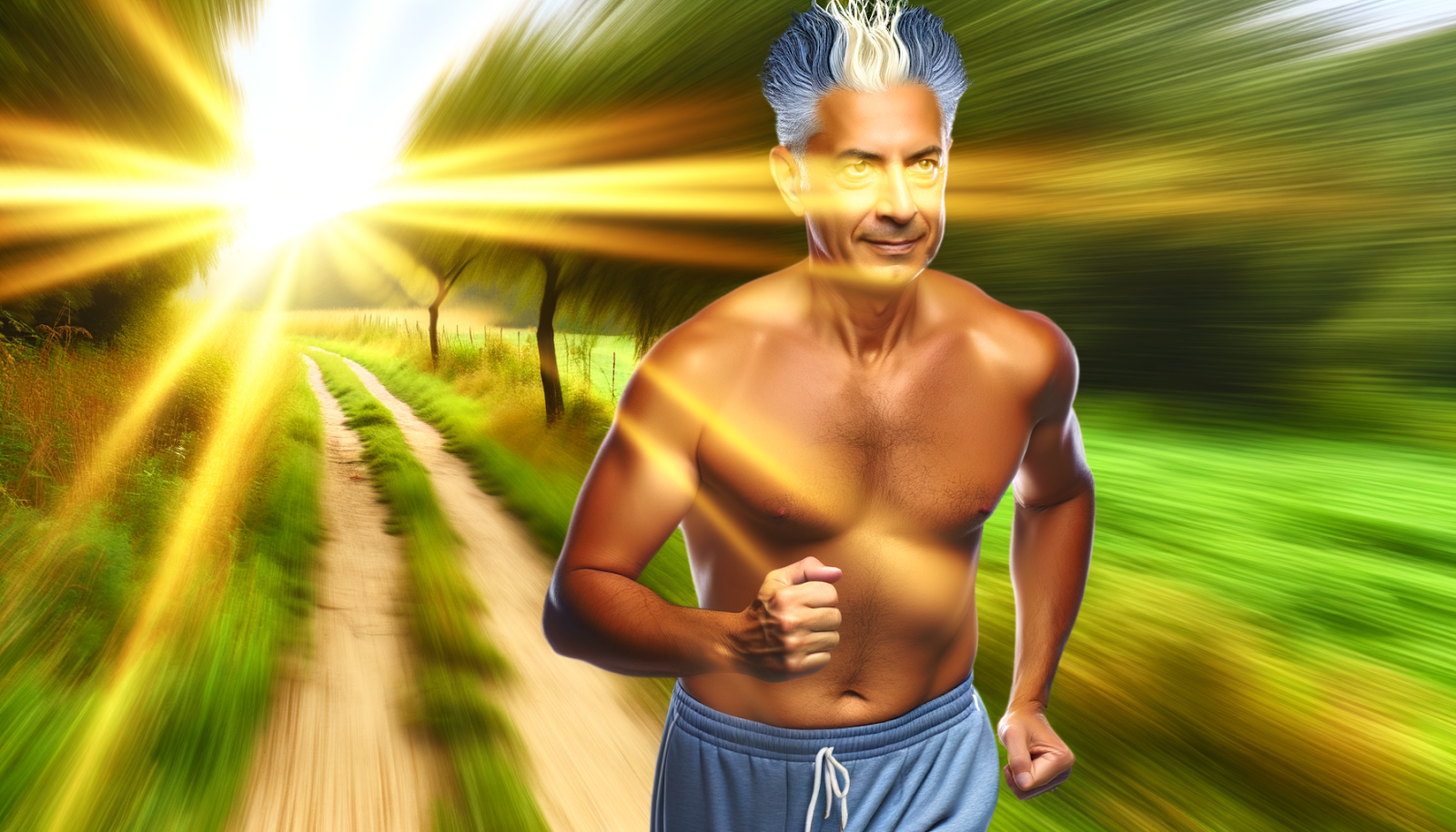 Hombre atlético de unos 45 años corriendo con confianza por un sendero natural en Buenos Aires