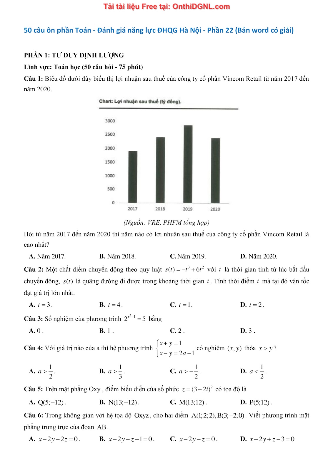1300 bài tập môn Toán - Ôn thi ĐGNL ĐHQG Hà Nội Phần 22