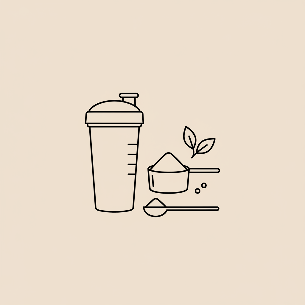 Minimalist vector line illustration of a protein shaker, powder scoop and measuring spoon representing protein shakes as meal replacements on a beige background.