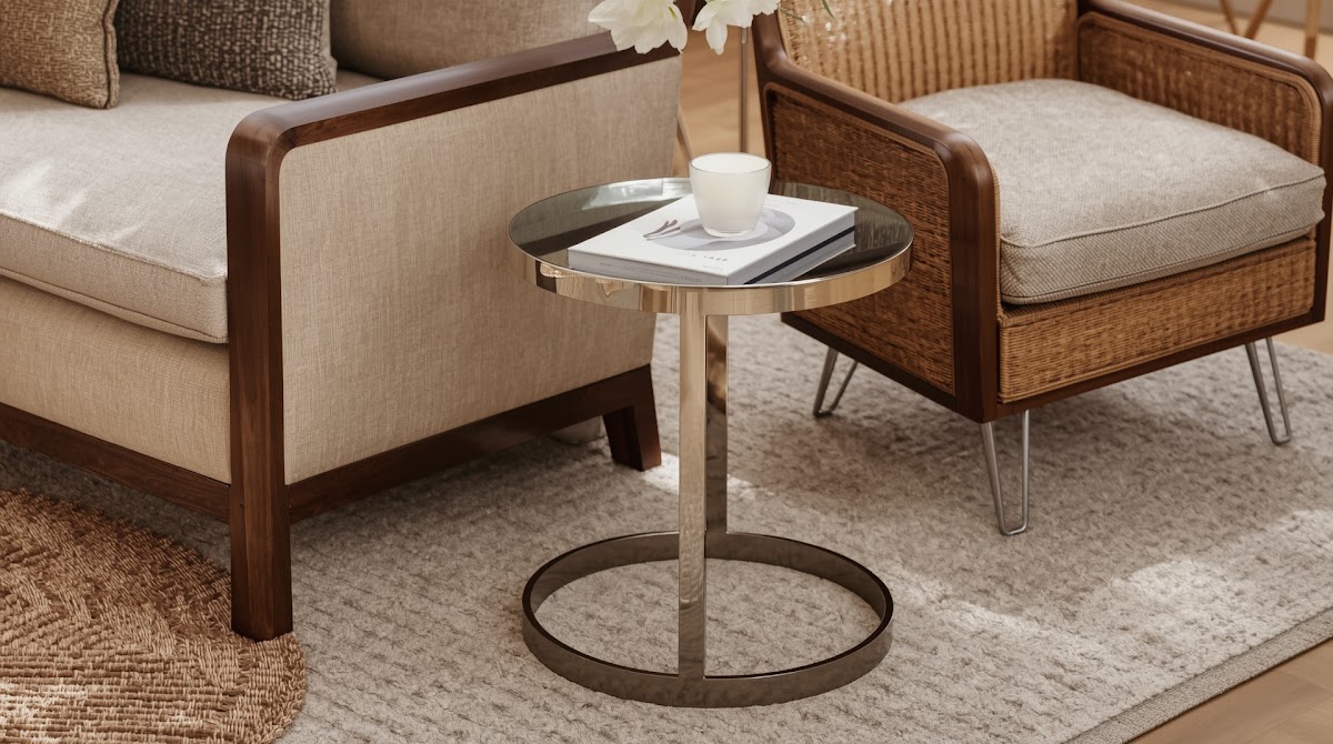 How to Make a Small Living Room Feel Bigger With Chrome Side Tables - final inviting chrome and warm wood living room styling reveal