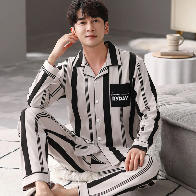 Herren-Pyjama-Set, 100% Baumwolle, langärmelig, geknöpft