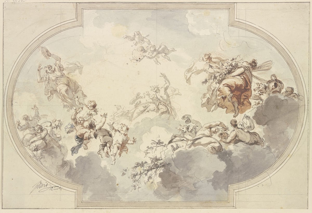Viele Genien und Bacchanten schweben in Wolken