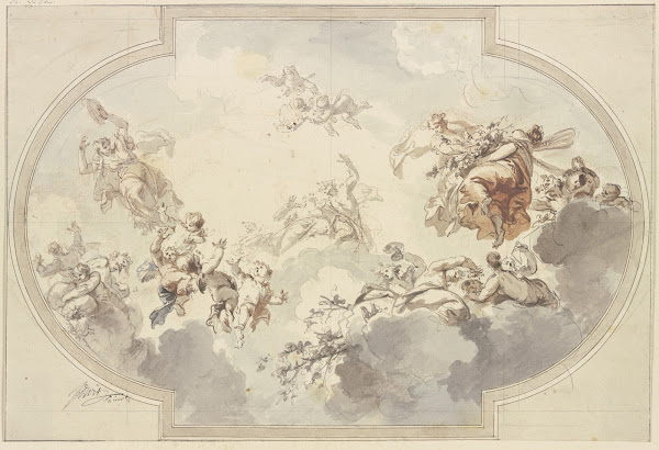 Viele Genien und Bacchanten schweben in Wolken