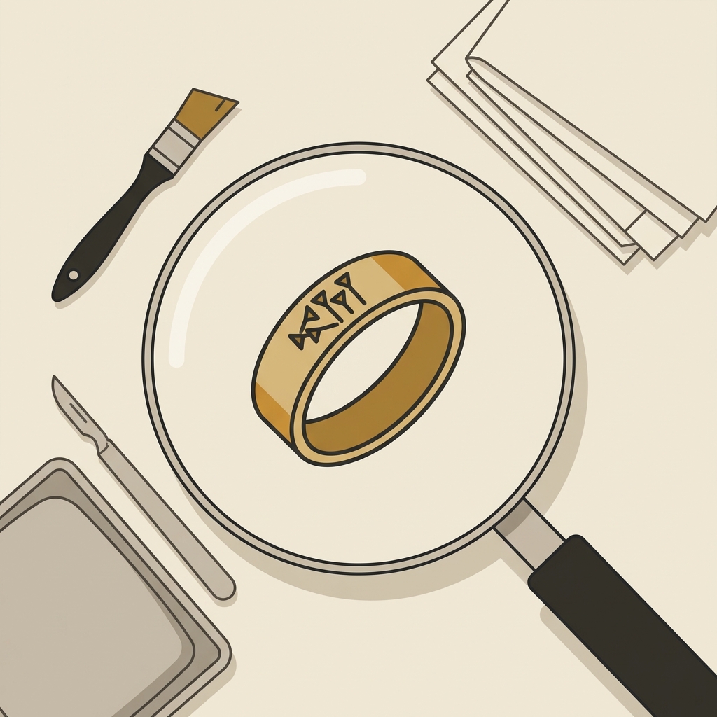Minimalist vector illustration of a conservator workspace showing an ancient ring under a loupe magnifier with surrounding tools in Aurora Antiqua palette highlighting ancient babylonian wedding rings