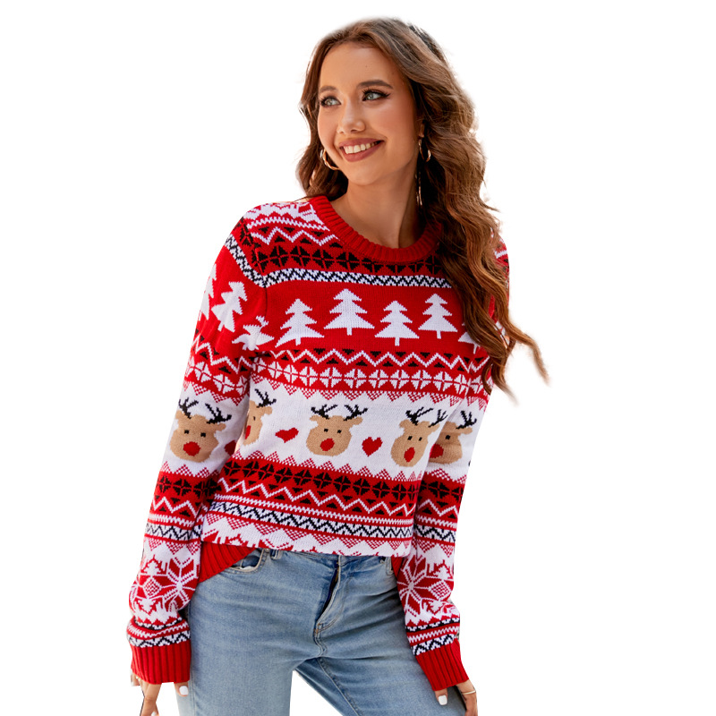 Women's Christmas Sweater, Jacquard Pattern, Round Neck