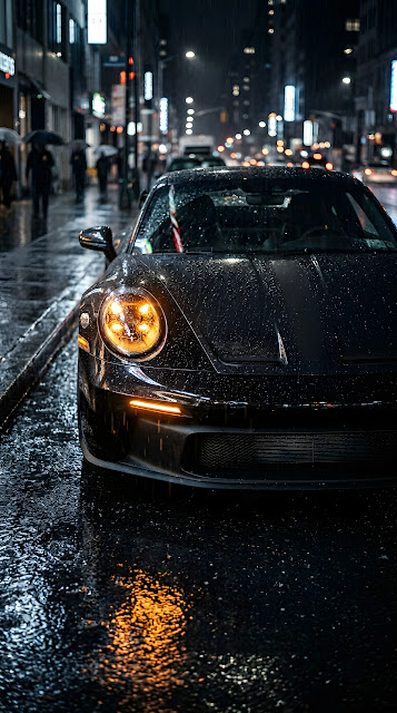 Close-up Front View of a Black Luxury Car in Rain - Free mobile Wallpaper