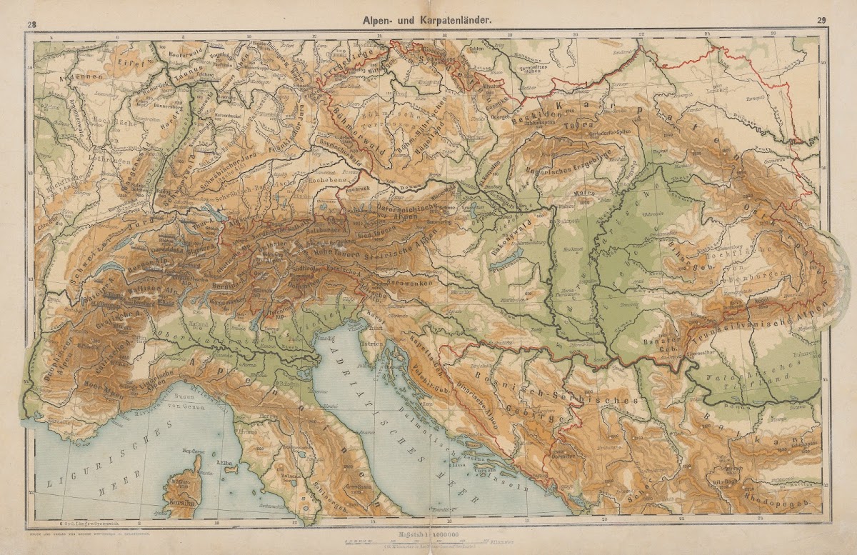 Alpen  u Karpatenländer Flufs und Gebirgskarte 1898