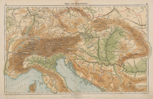 Alpen  u Karpatenländer Flufs und Gebirgskarte 1898