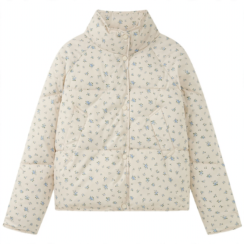 Short women's puffer jacket with floral pattern, oversized fit