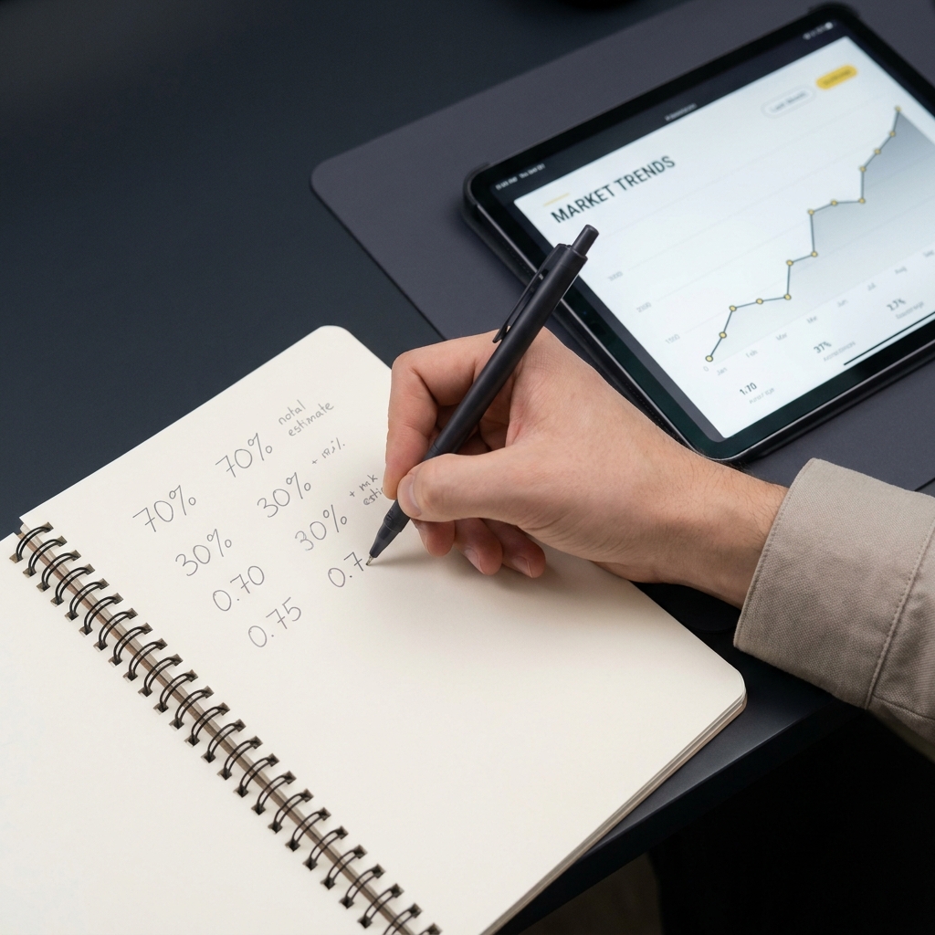 How Anchoring Bias Influences Odds Decisions close up of a notebook with independent probability estimates beside a tablet showing a market line hands writing with a pen on a dark Funded Plays branded background
