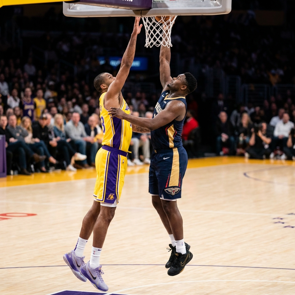 Full frame action shot of a generic lakers defender contesting a shot against a pelicans player in a playoff arena minimal clean composition lakers pelicans prediction