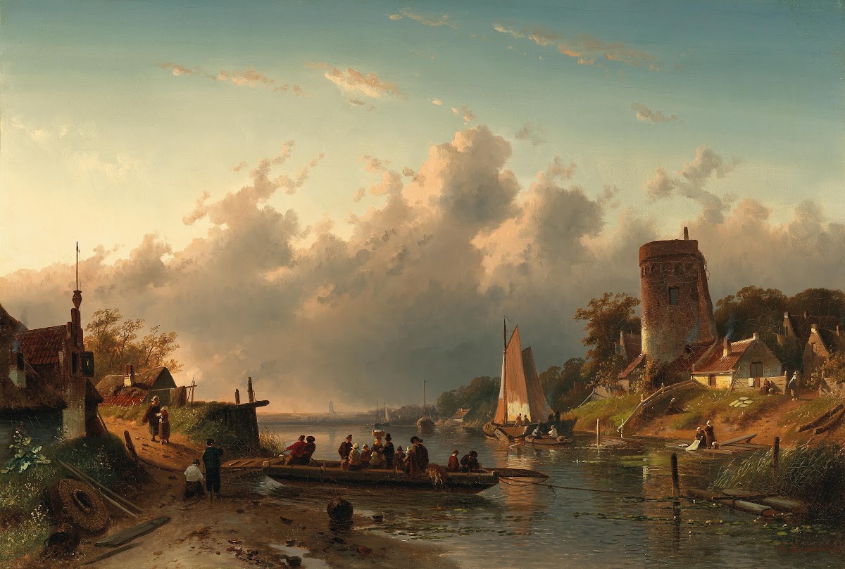 A ferry crossing a river in the evening 1867