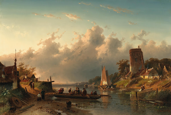 A ferry crossing a river in the evening 1867