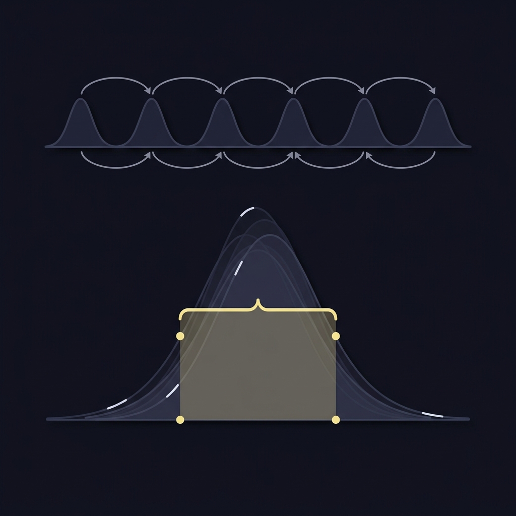 Bootstrap resampling diagram showing repeated sample distributions converging into an aggregated curve with a highlighted confidence interval How to Identify Your Most Profitable Odds Range