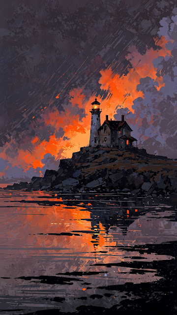 Moody Lighthouse Painting with Vivid Orange Sunset Sky - Free mobile Wallpaper