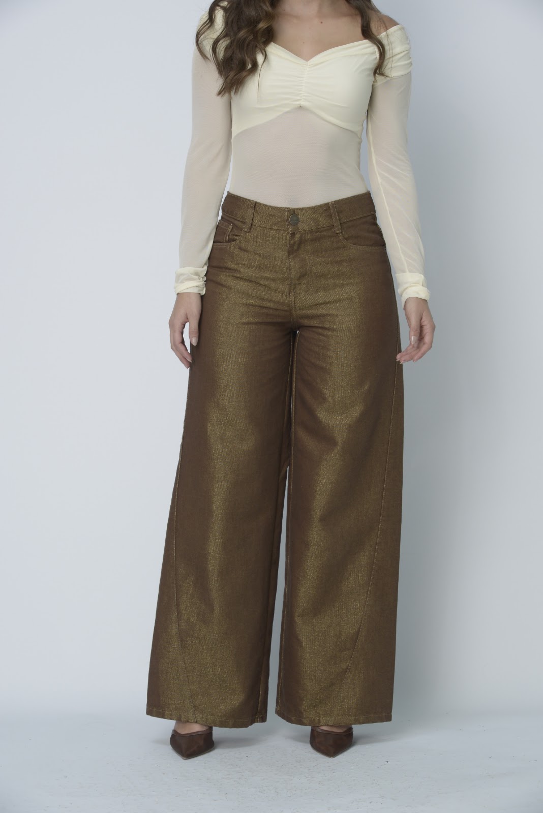 Jean dama Wide Leg tiro alto rígido tela brillante, color Café - Vista 8