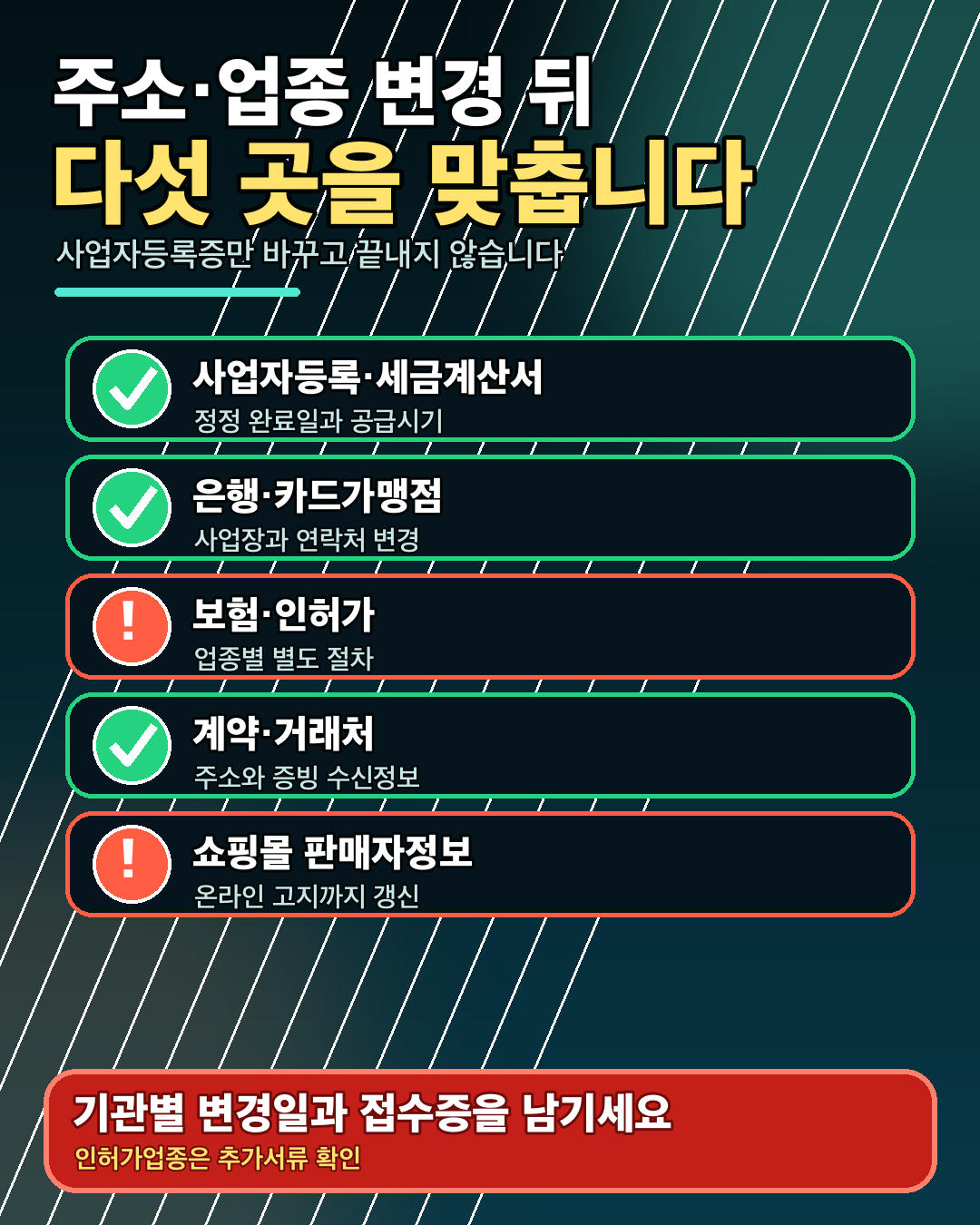 사업자등록 정정 뒤에는 은행·보험·계약·온라인 판매정보까지 함께 맞춥니다.