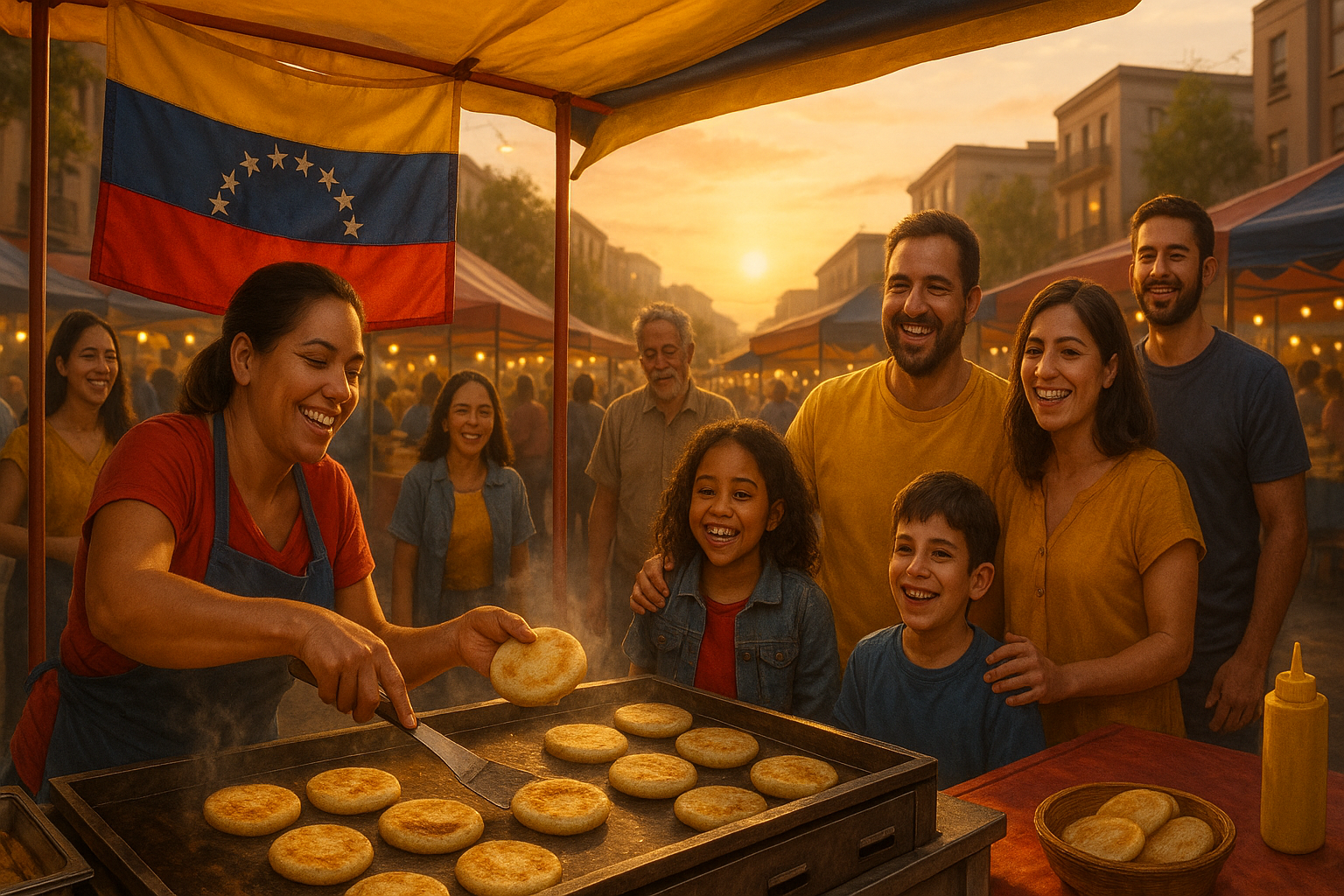 Venezolanos atendiendo un puesto pop-up de arepas en un mercado multicultural